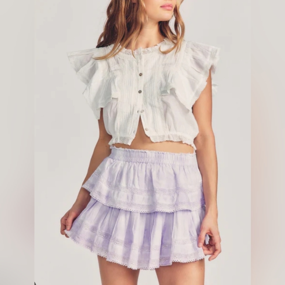 LoveShackFancy Lavender Tiered Eyelet Mini Skirt Size M